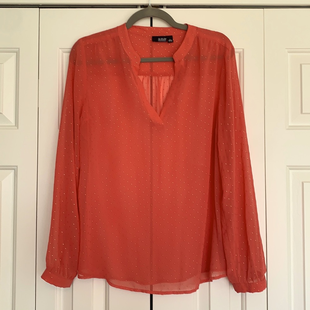 Coral & gold dot sheet long sleeve blouse Sz Large
